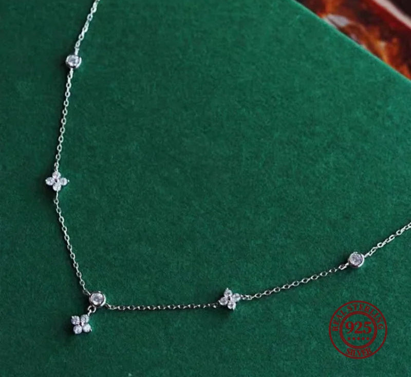 Exquisite Crystal Clover Flowers 925 Sterling Silver Chain Necklaces for Women White Gold Plated Fancy Jewelry Accessories