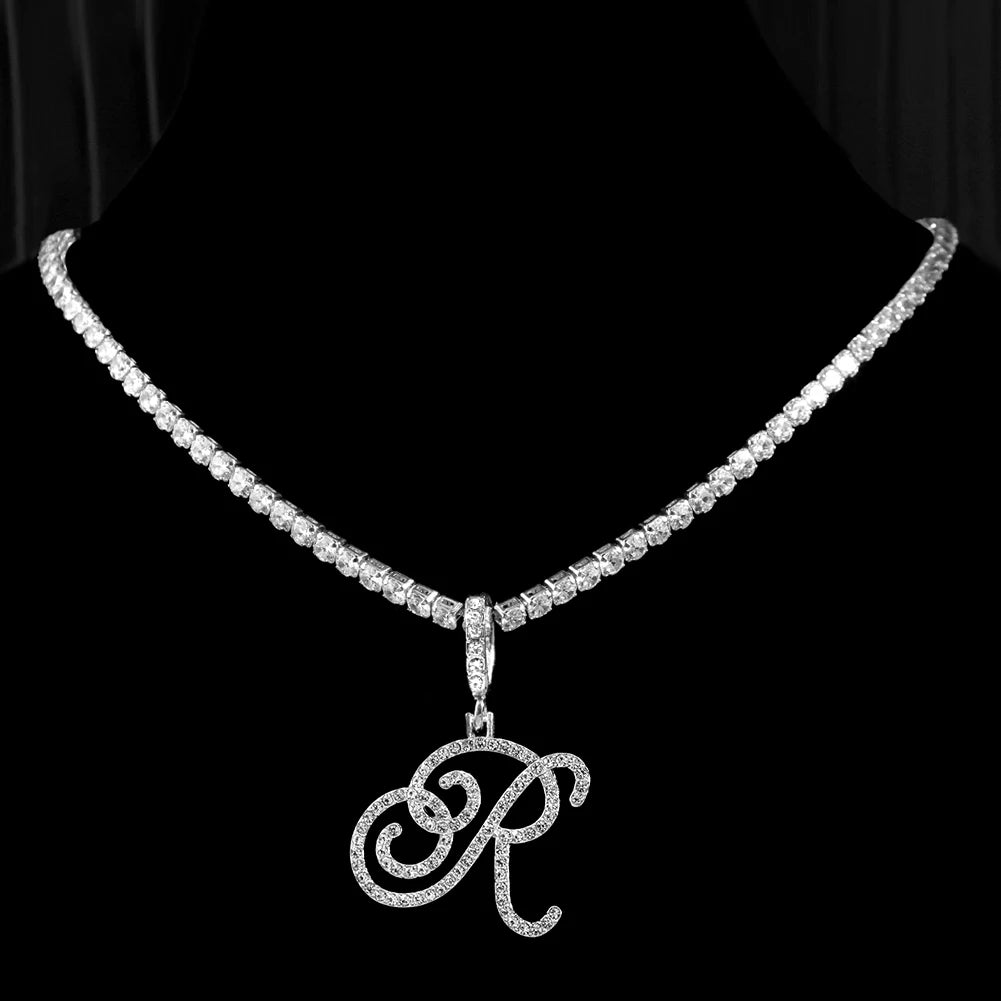 Elegant Sparkling Cursive Initial Name Letters Silver Gold Color Pendant Necklace Zircon Bling Alphabet Jewelry