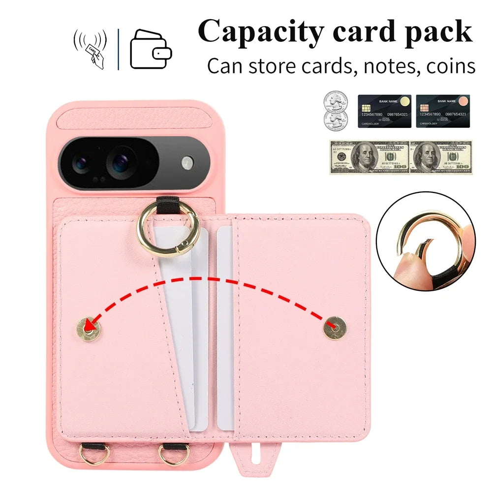 Exquisite Crossbody Leather Wallet Case for Google Pixel 9 8 Pro 8a 7a Models Ring Holder with Wrist Strap Shockproof Phone Case Cover Shell