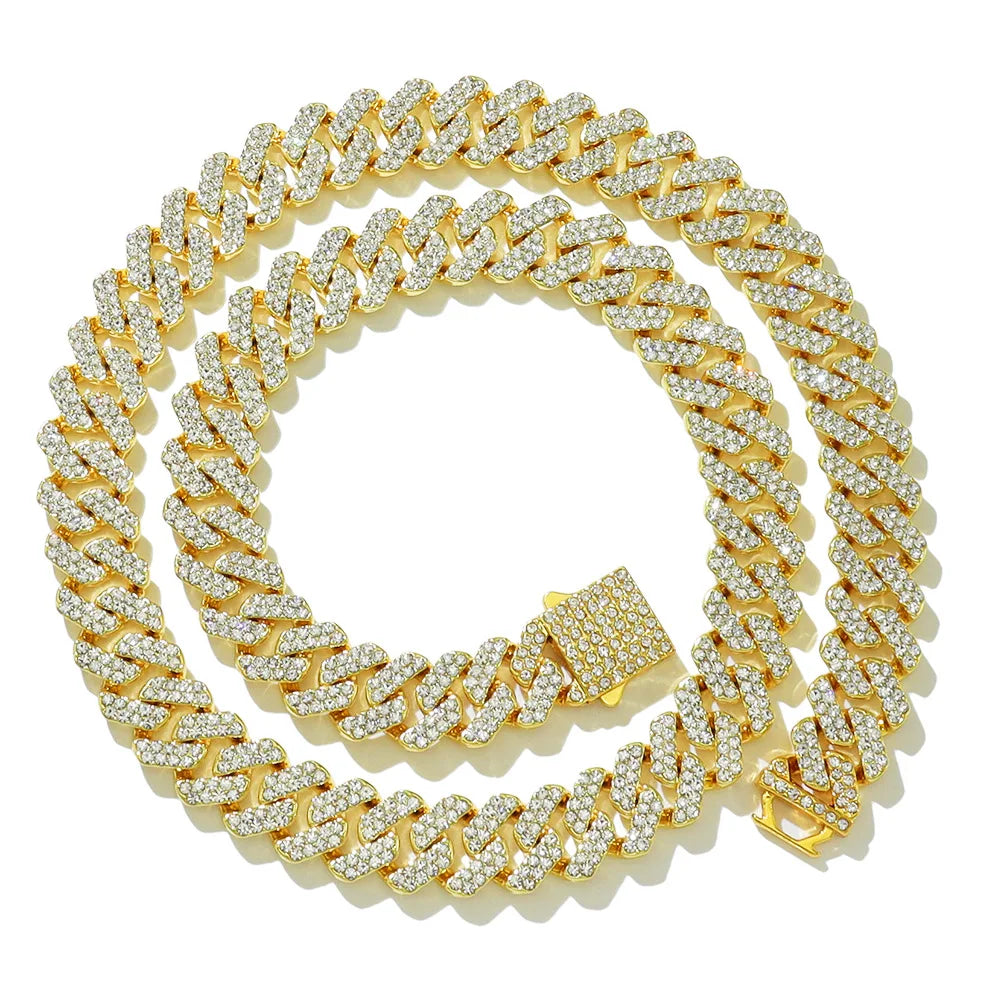 Exquisite Bling Paved Silver Gold Color Cuban Link Chain Necklaces for Men Miami Style 2 Row Rhinestone Crystals Necklace jewelry
