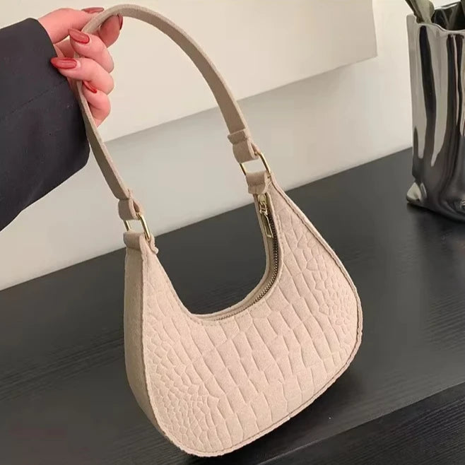 Women's Fashion Casual Felt Stone Pattern Shoulder Saddle Handbag Purse Underarm Crescent Messenger Bags