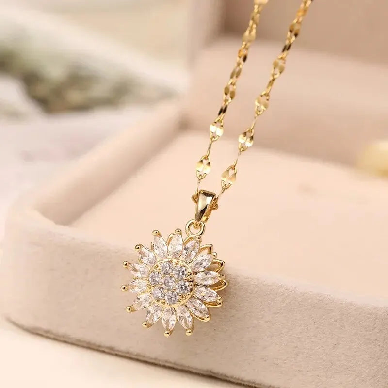 Rotating Sunflower Crystals Pendant Necklaces For Women Girls Gold Color Alloy Chain Cubic Zirconia Jewelry Accessories