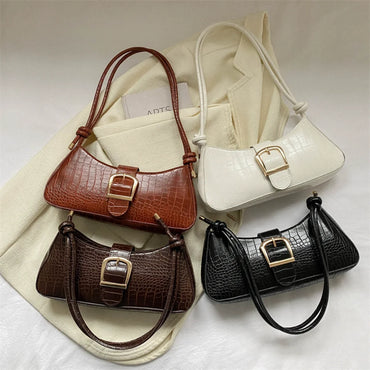 Modern French Fashion Leather Women's Shoulder Baguette Handbag Alligator Pattern Texture Popular Underarm Purse Bag