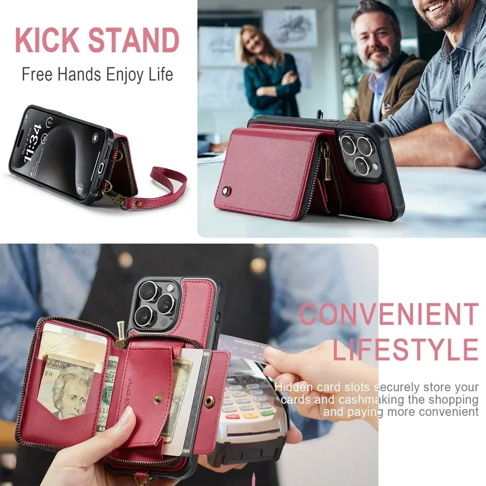 Elegant Crossbody Zipper Leather Wallet Case for Apple iPhone 16 15 Pro Max 14 Plus 13 12 Models Cards Holder Lanyard Protective Cover Shell