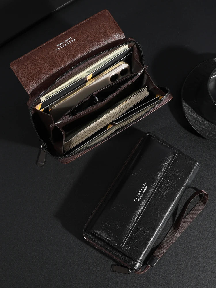 High Quality Men's Leather Zipper Long Phone Wallet Large Capacity Clutch Bag Multi Card Holder Coin Purse Double Layer Strap Wallet