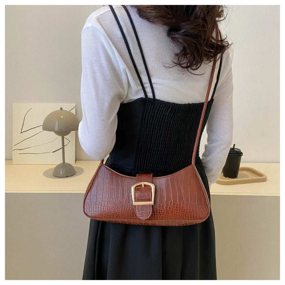 Modern French Fashion Leather Women's Shoulder Baguette Handbag Alligator Pattern Texture Popular Underarm Purse Bag