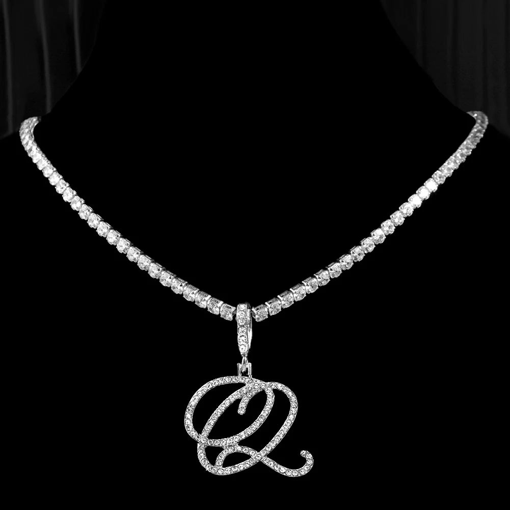 Elegant Sparkling Cursive Initial Name Letters Silver Gold Color Pendant Necklace Zircon Bling Alphabet Jewelry
