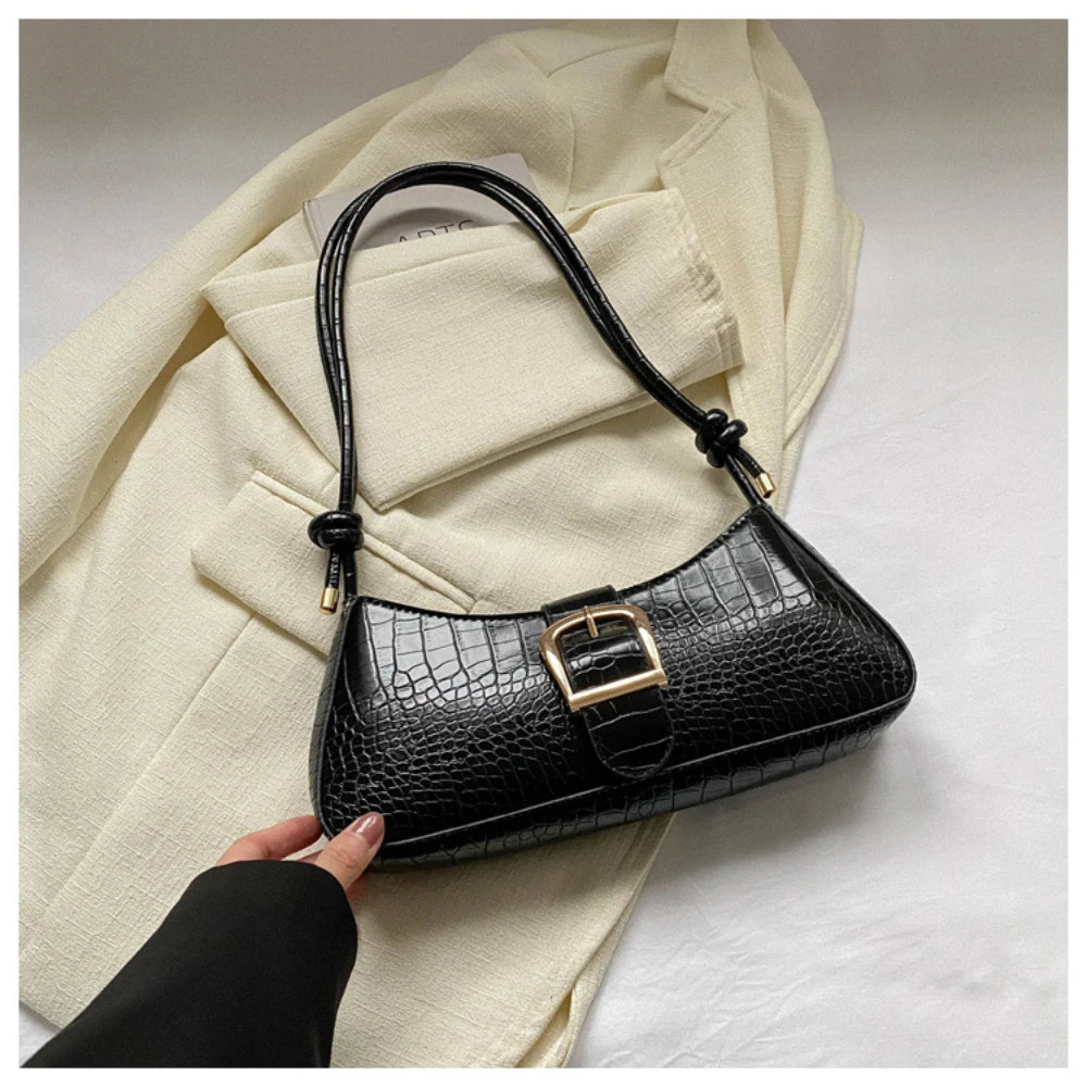 Modern French Fashion Leather Women's Shoulder Baguette Handbag Alligator Pattern Texture Popular Underarm Purse Bag