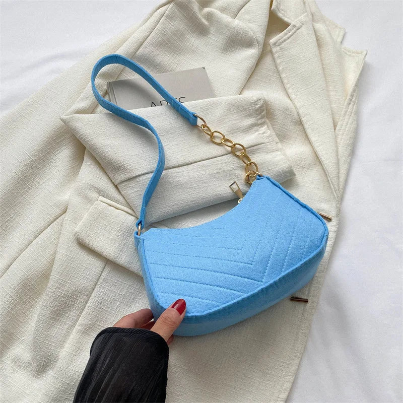 Fashion Mini Felt Saddle Shoulder Handbag Purse for Women Beautiful Crescent Crossbody Messenger Bags