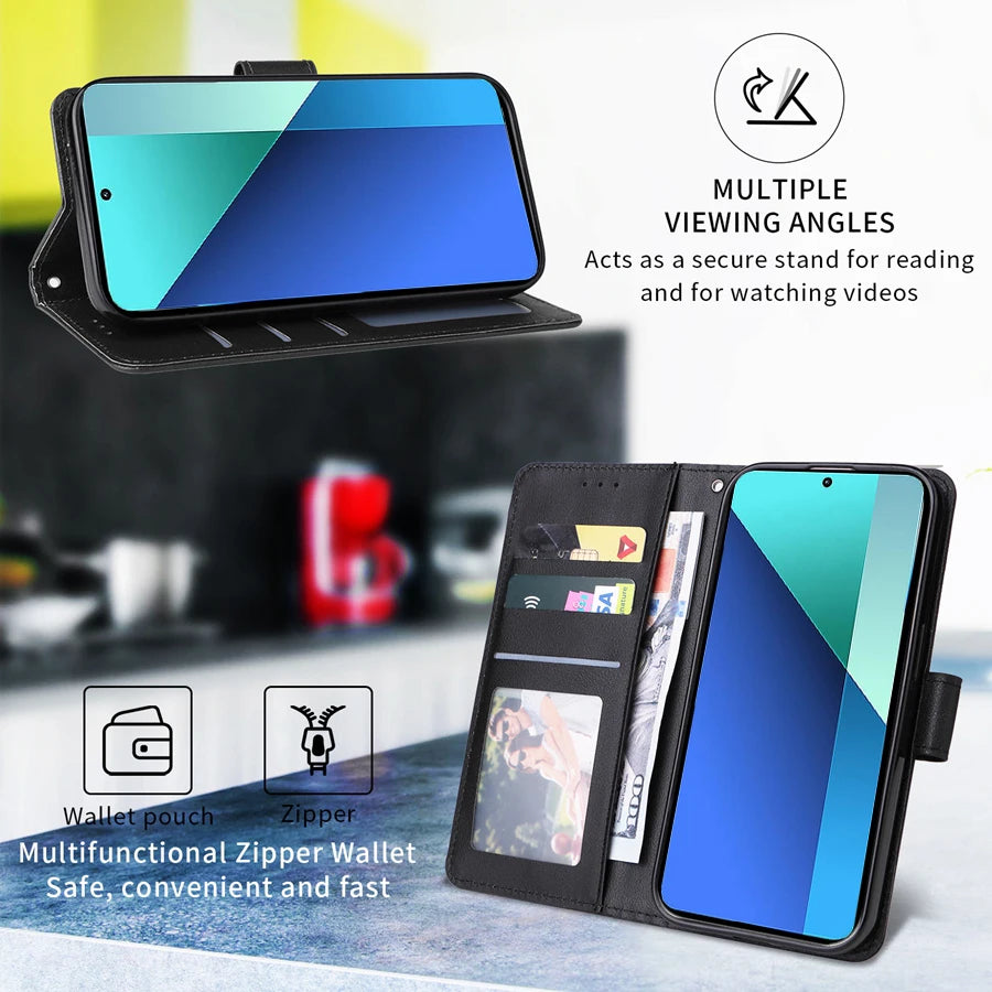 Deluxe Leather Wallet Phone Case for Xiaomi Redmi Note 13 Pro Plus 12 12S 11 11S 10 10S 9 Pro 8T Stand Function Multiple Card Slots Magnetic Flip Protective Cover