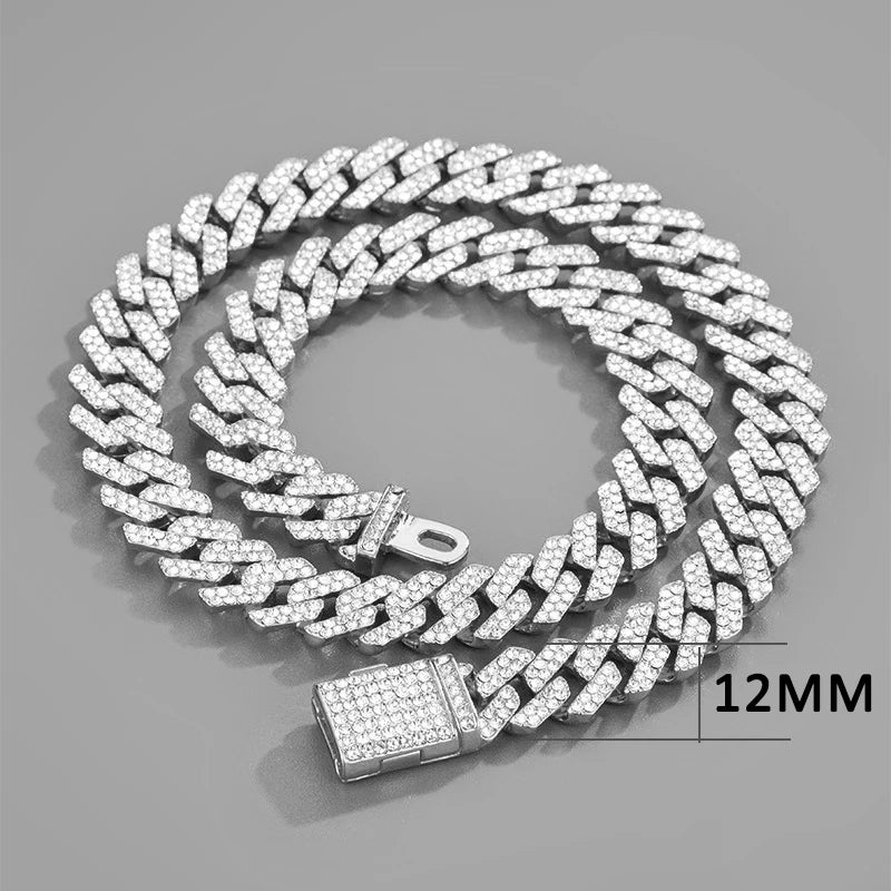 Exquisite Bling Paved Silver Gold Color Cuban Link Chain Necklaces for Men Miami Style 2 Row Rhinestone Crystals Necklace jewelry