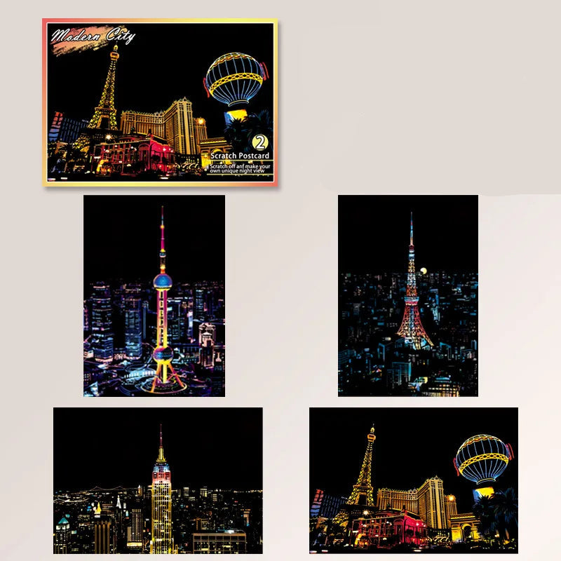 Children's DIY Night Scene Art Scratch Painting Postcards Toys City Building Landscape Kids Educational Toys Room Decor Gift 4Pcs