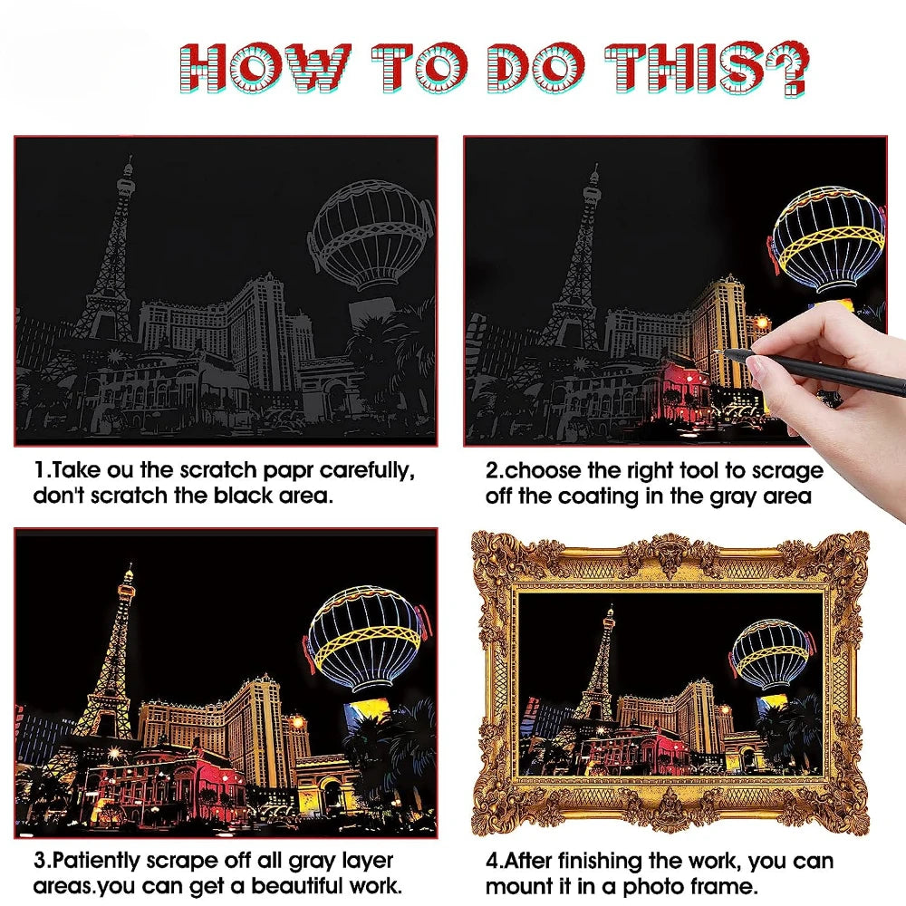 Children's DIY Night Scene Art Scratch Painting Postcards Toys City Building Landscape Kids Educational Toys Room Decor Gift 4Pcs