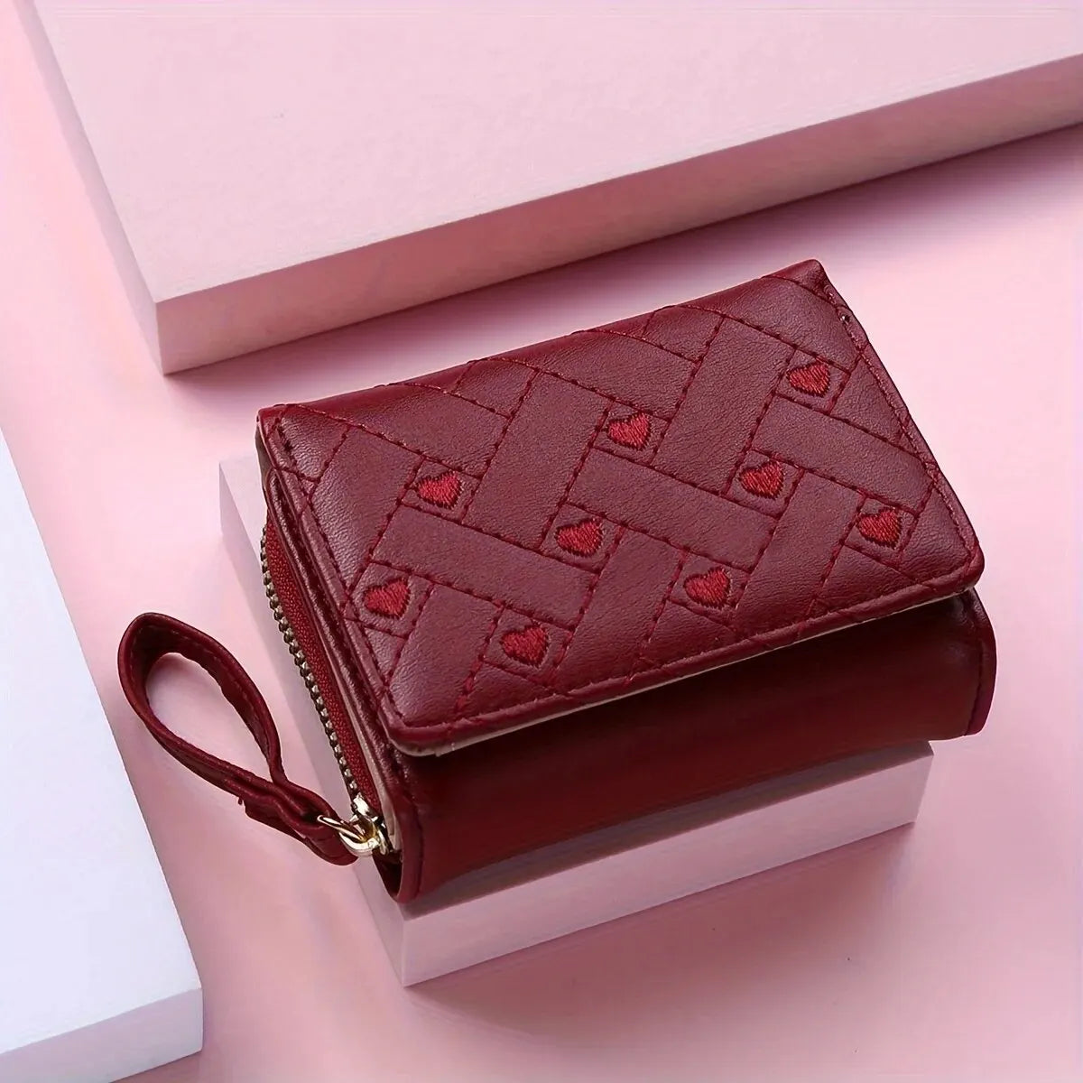 Elegant Embroidered Women's Love Hearts Short Leather Wallet Zipper Closure Large Capacity Card Clutch Versatile Fashion Accessory
