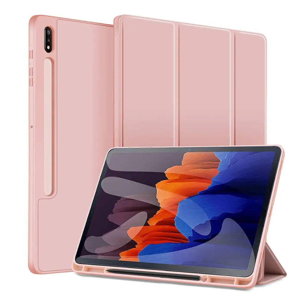 Protective Silicone and Leather Smart Case for Samsung Galaxy Tab S10 S9 FE Plus 11" 12.4" A9 S8 S7 Plus S6 Lite With Pen Holder Cover