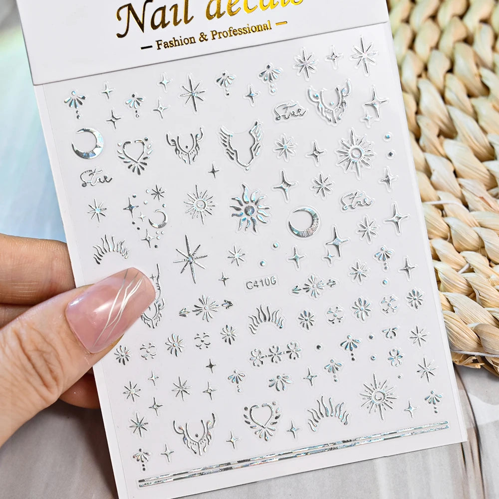 Star Sun Moon 3D Nail Stickers Bronzing Nail Art Gold Silver Styles Decal Self-Adhesive Slider