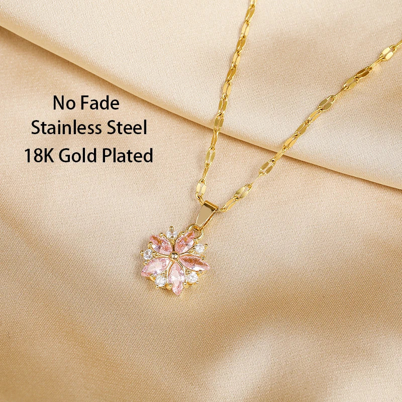 Beautiful Crystal Pink Sakura Pendant Stainless Steel Necklaces for Women Fashion Clavicle Chain Jewelry Accessories