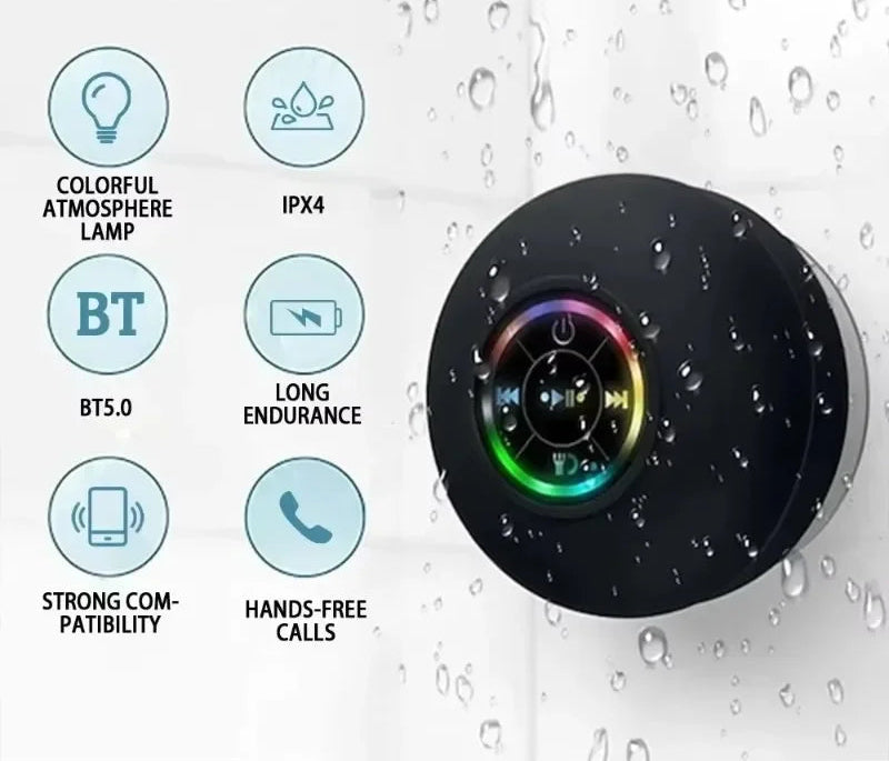 Waterproof Mini Portable Bluetooth Audio Speaker IPX4 Led Lights Bathroom Outdoor Large Suction Cup Speaker