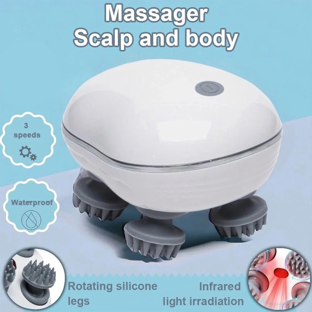 Electric Red Light Scalp Head and Body Massager with Adjustable Speed Hair Care Soft Silicone for Deep Kneading of the Head and Body