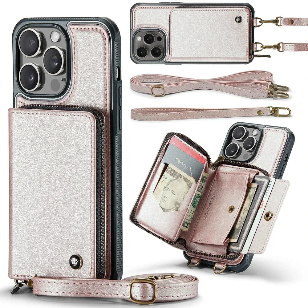 Elegant Crossbody Zipper Leather Wallet Case for Apple iPhone 16 15 Pro Max 14 Plus 13 12 Models Cards Holder Lanyard Protective Cover Shell