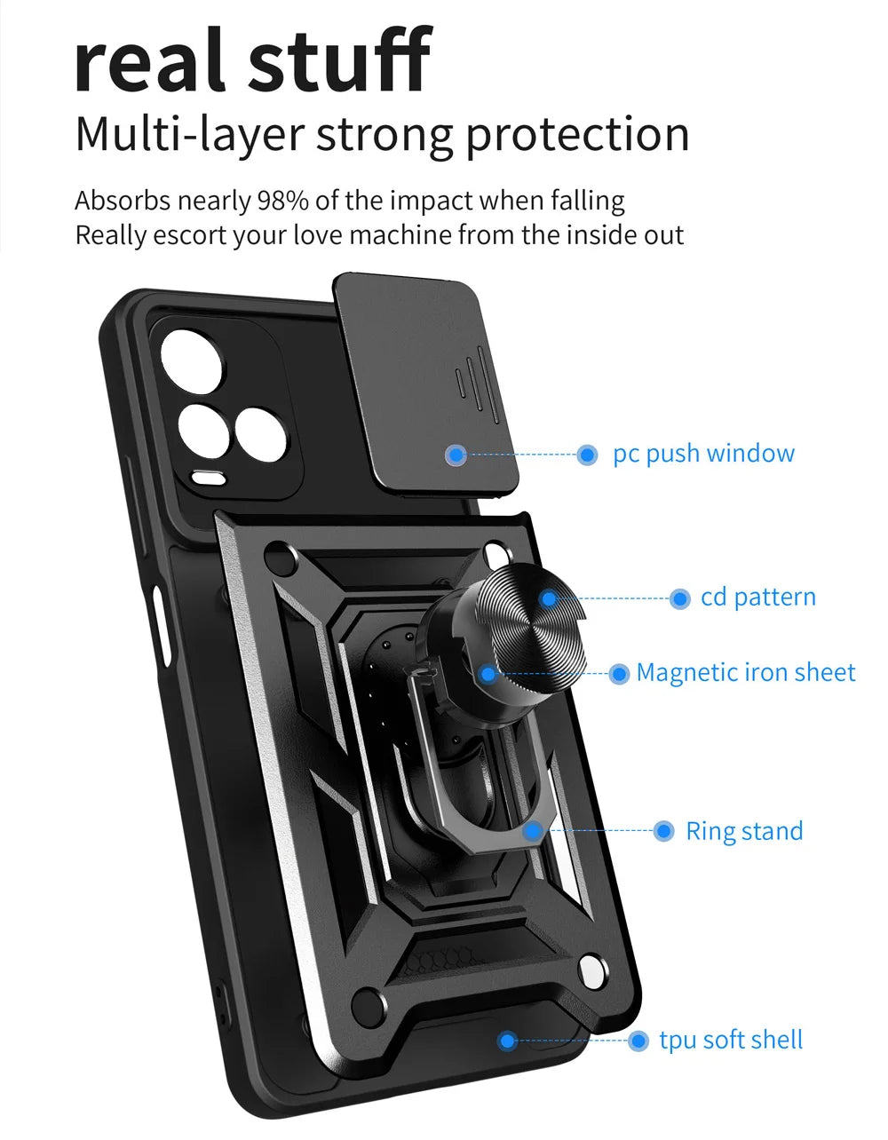 Durable Shockproof Phone Case for VIVO Y93 Y91 Y76 Y53 Y51 Y33S Y33 Y31 Y15S Camera Protection Magnetic Ring Holder Back Cover