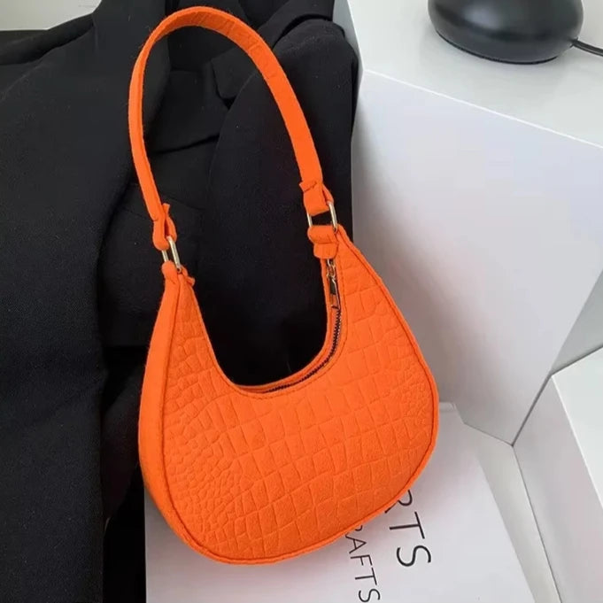 Women's Fashion Casual Felt Stone Pattern Shoulder Saddle Handbag Purse Underarm Crescent Messenger Bags