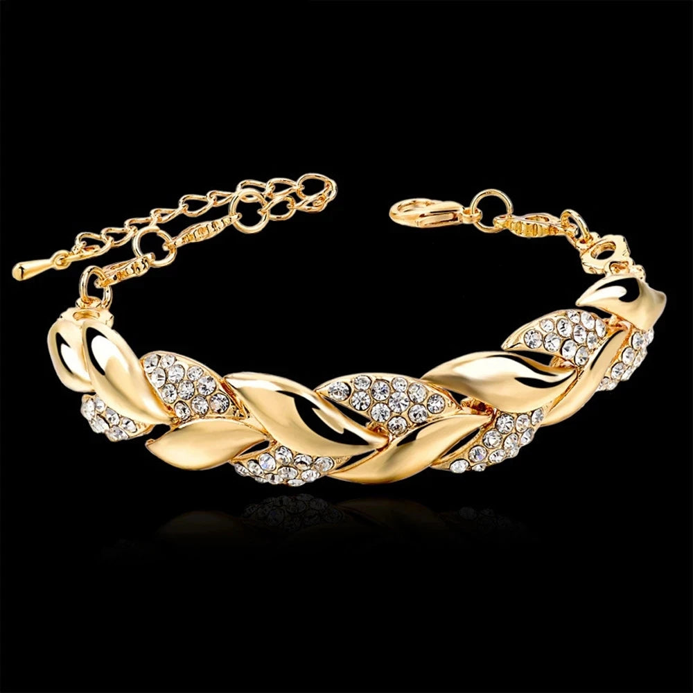 New Leaf Weave 925 Sterling Silver Gold Plated Crystal Statement Bracelet For Women Girls Trendy Jewelry
