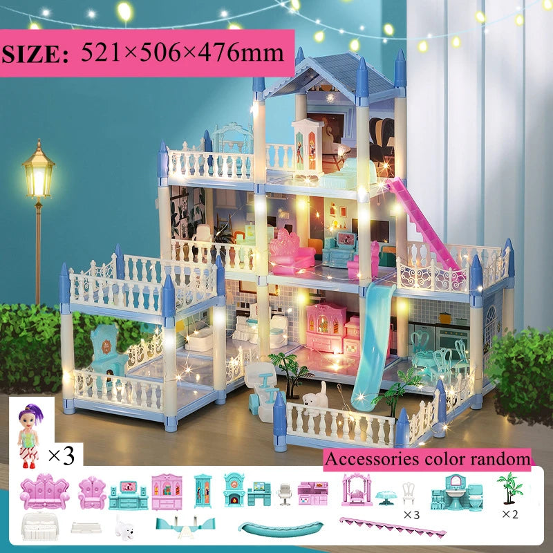 Beautiful Miniature Model Doll House Princess Castle with LED Lights Accessories Girl Birthday Gift Toy Villa House 3D Assembly DIY