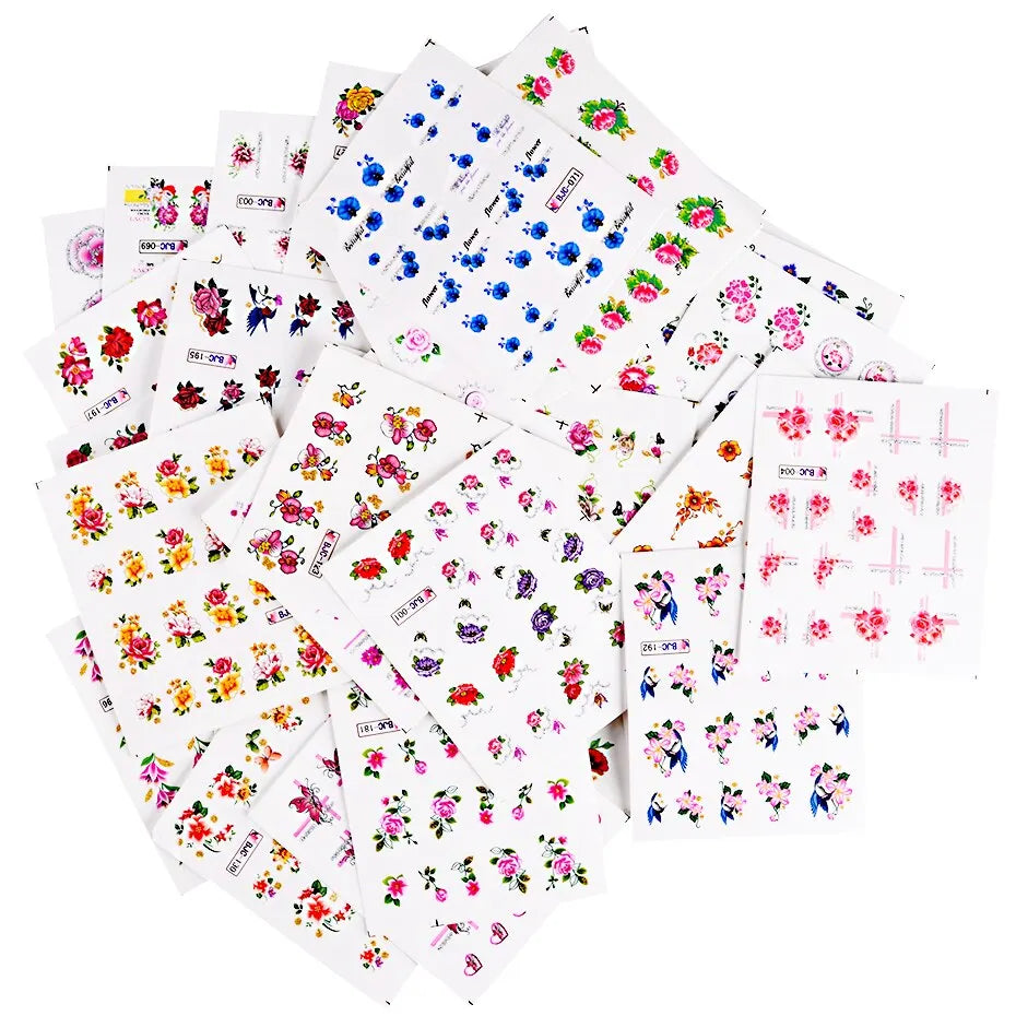 Flowers Collection Lace Water Nail Stickers Set for Manicure Pedicure Glitter Charms Floral Nail Art Transfer Decals Slider Decorations 55 Cards