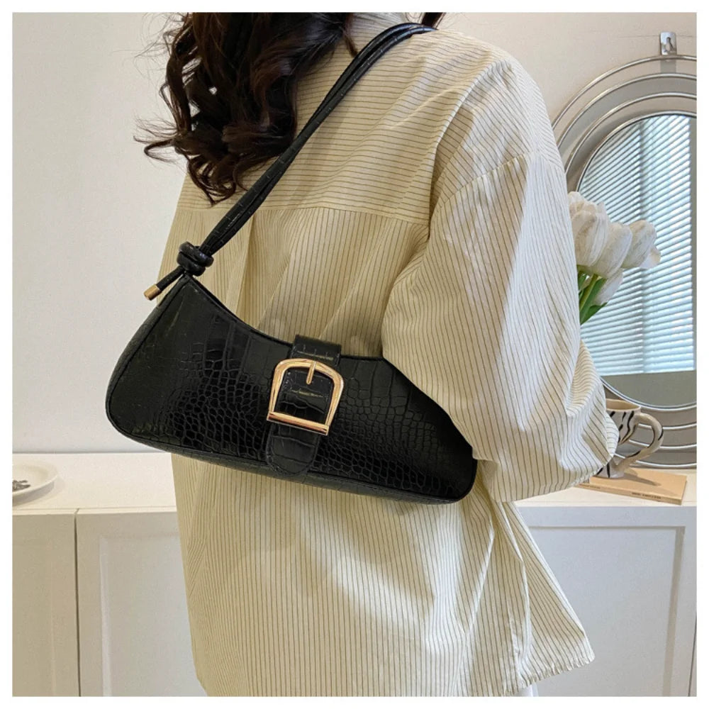 Modern French Fashion Leather Women's Shoulder Baguette Handbag Alligator Pattern Texture Popular Underarm Purse Bag