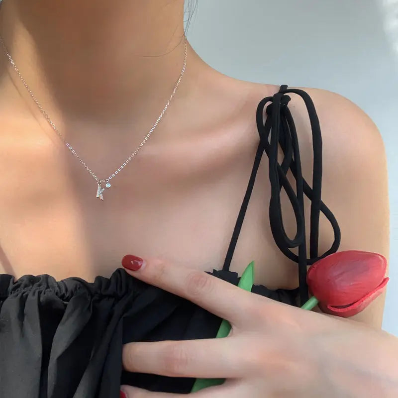 Elegant Crystal Initials Letter 925 Sterling Silver Chain Necklaces for Women Shiny Pendant Collar Jewelry Accessories