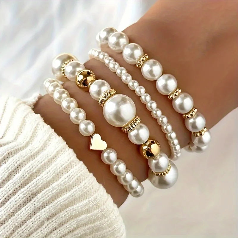 Elegant White Beads Bracelets for Women Girls Gold Color Accents High Grade Layered Fashion Jewelry