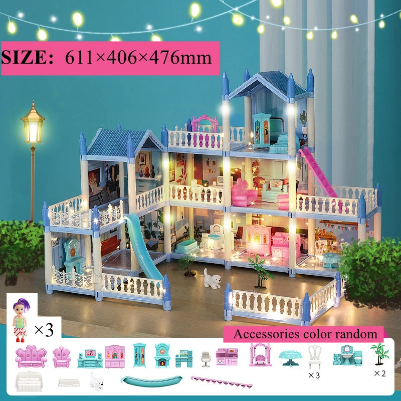 Beautiful Miniature Model Doll House Princess Castle with LED Lights Accessories Girl Birthday Gift Toy Villa House 3D Assembly DIY