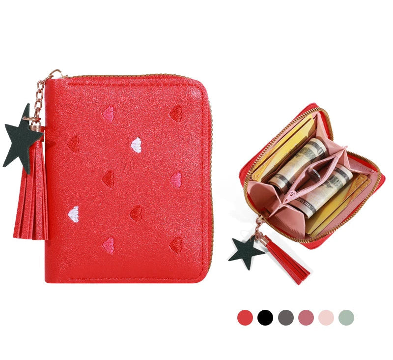 Mini Tassel Embroidered Women's Cute Clutch Wallet Short Style Zipper Hearts Star PU Leather Coin Purse Ladies Clutch Hand Wallet