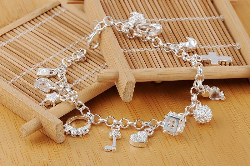 Crystal Pendants 925 Sterling Silver Bracelets for Woman Heart Key Ring Moon Star Cross Charm Pendant Chain Band