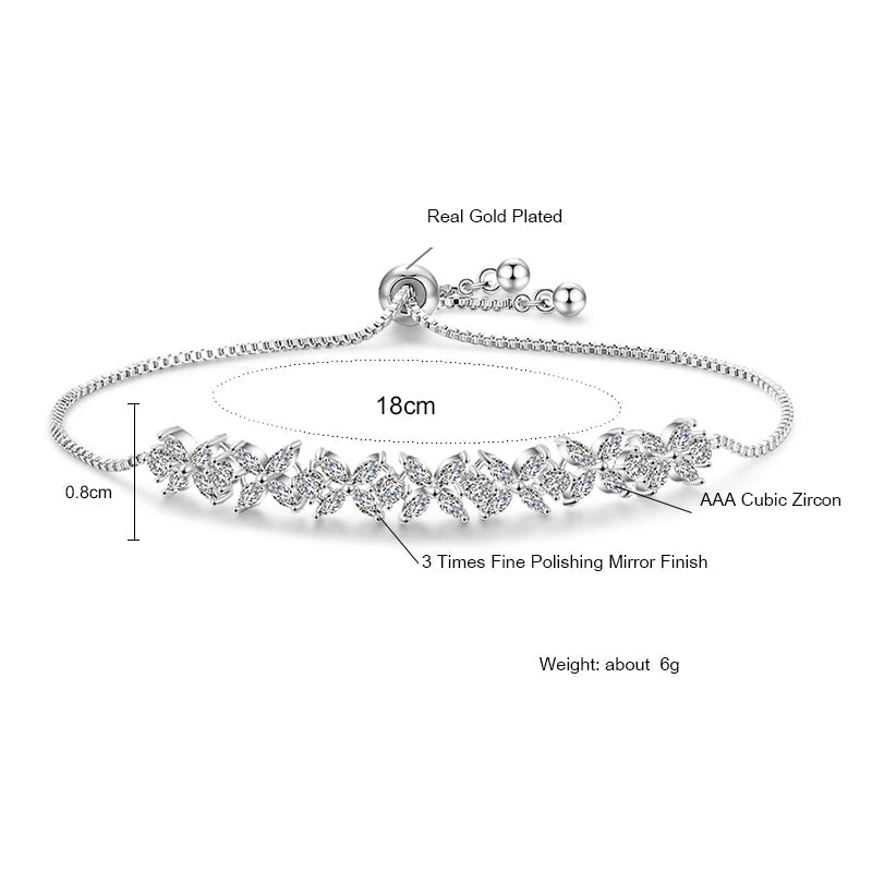 Elegant Shiny Crystal Flowers Sliver Color Adjustable Charm Bracelets for Women Fashion Zircon Jewelry Accessory