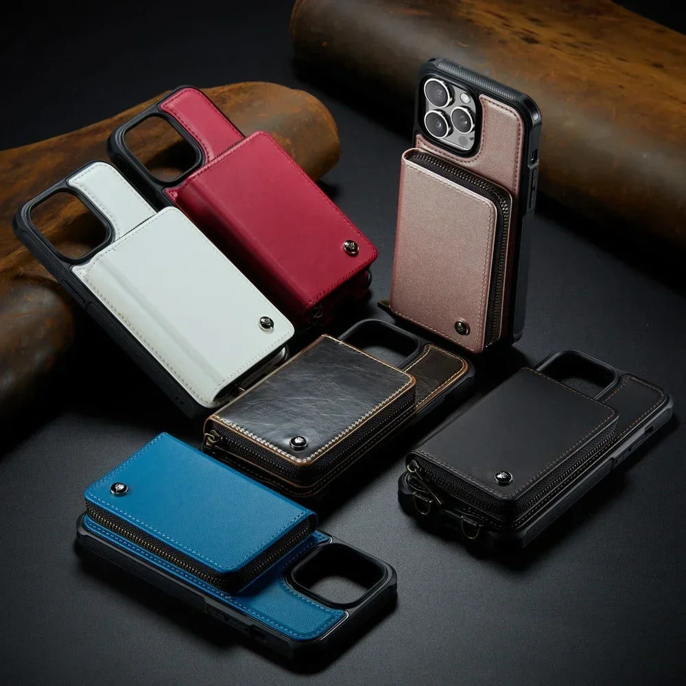 Elegant Crossbody Zipper Leather Wallet Case for Apple iPhone 16 15 Pro Max 14 Plus 13 12 Models Cards Holder Lanyard Protective Cover Shell