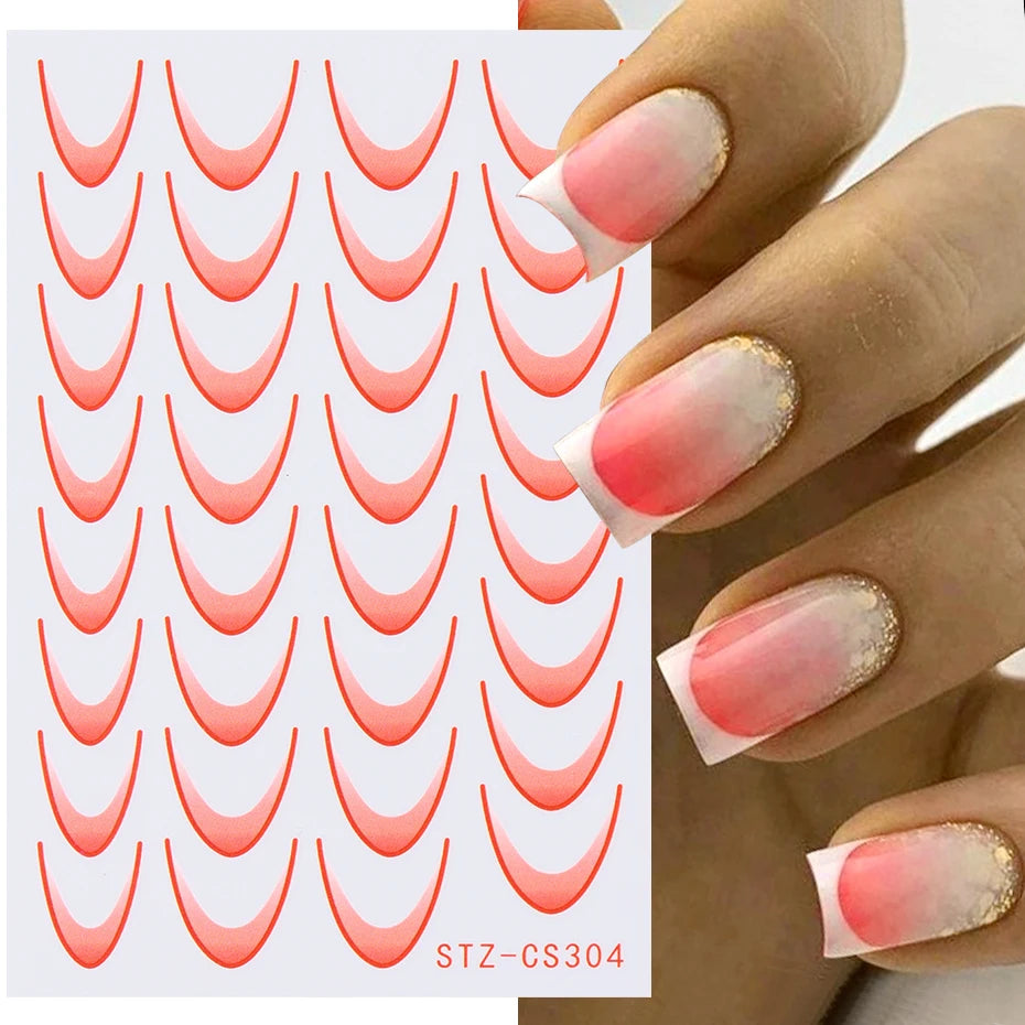 French Manicure Self-Adhesive Nail Stickers Gradient Stripe Lines Sliders Ombre Designs Nail Art Decals DIY Decoration 6 Cards