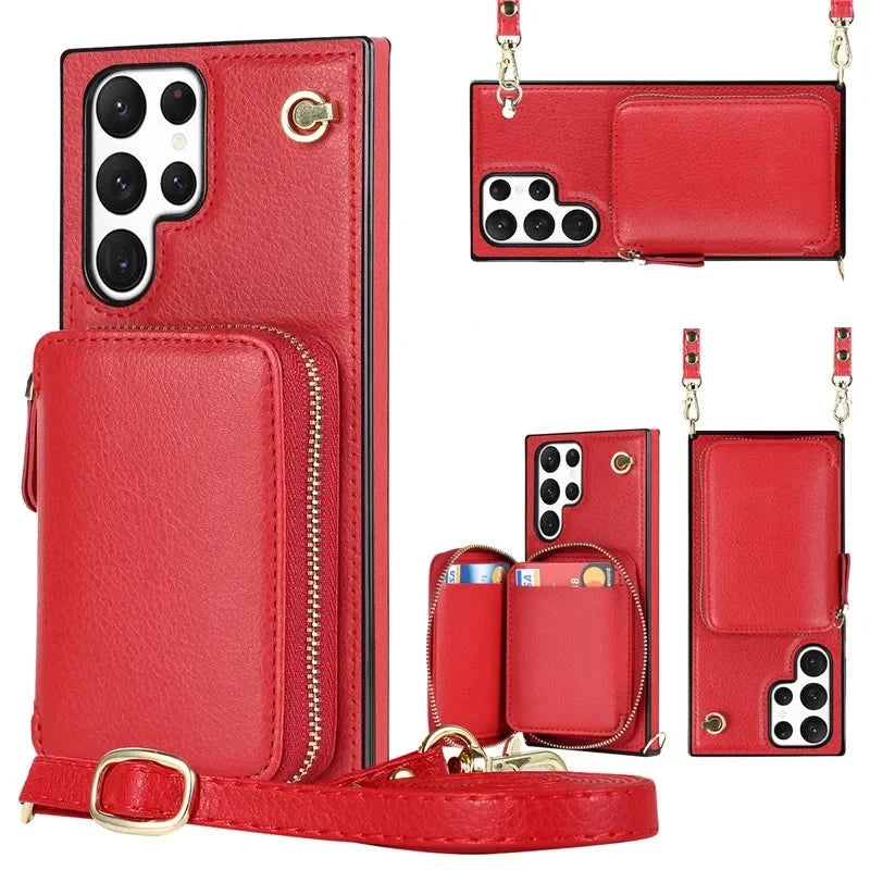 Luxury Crossbody Zipper Leather Wallet Case for Samsung Galaxy S24 S23 S22 Plus S21 S20 Ultra Note 20 Models Cards Holder Lanyard Protective Cover Shell