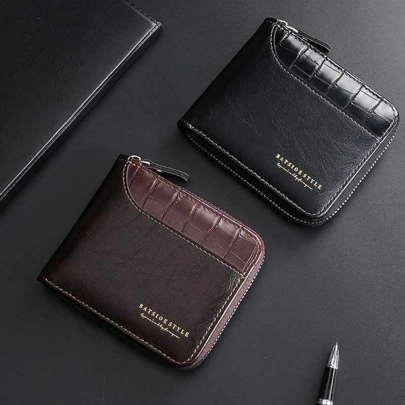 Luxury RFID Protection Leather Zipper Men’s Wallet Card Holder with Coin Pocket Crocodile Pattern Stitched Wallets Accessory