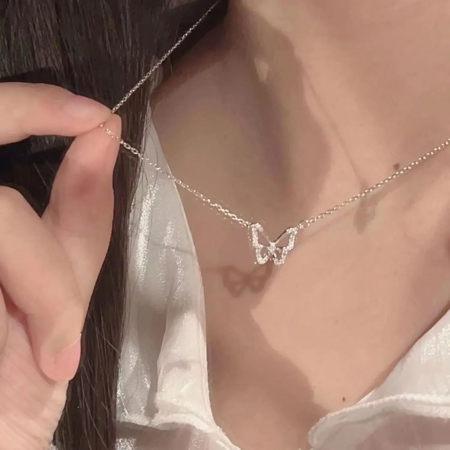 Elegant Butterfly 925 Sterling Silver Crystals Pendant Necklaces for Women Girls Chain Jewelry Accessories