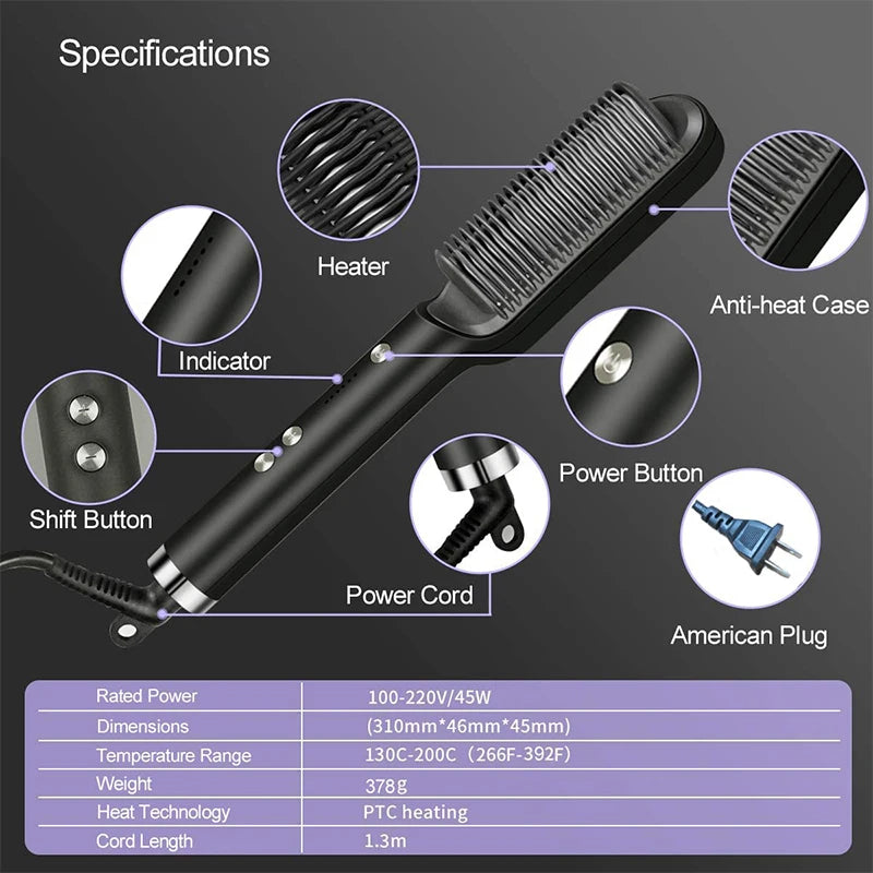 Electric Intelligent Temperature Control Ceramic Hair Straightener Brush Professional Fashion Fast Heating for Perfectly Straight Hair
