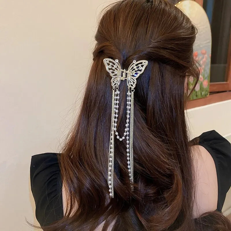 Crystals with Pearls Tassel Butterfly Hair Clip for Women Girls Elegant Imitation Pearl Rhinestone Shark Hairpins Jewelry