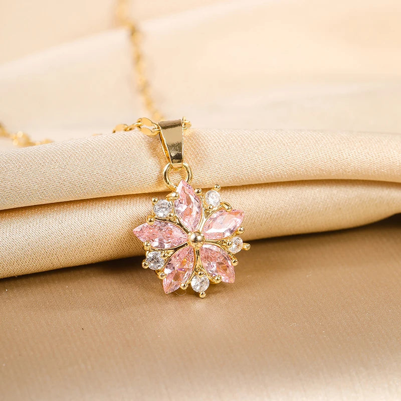 Beautiful Crystal Pink Sakura Pendant Stainless Steel Necklaces for Women Fashion Clavicle Chain Jewelry Accessories