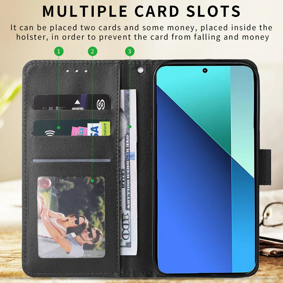 Deluxe Leather Wallet Phone Case for Xiaomi Redmi Note 13 Pro Plus 12 12S 11 11S 10 10S 9 Pro 8T Stand Function Multiple Card Slots Magnetic Flip Protective Cover