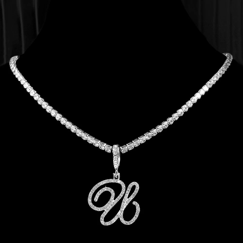 Elegant Sparkling Cursive Initial Name Letters Silver Gold Color Pendant Necklace Zircon Bling Alphabet Jewelry