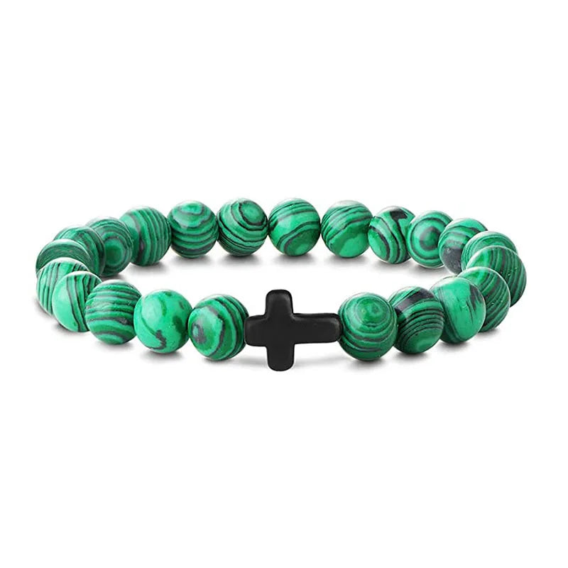 Rosary Cross Natural Stone Wood Beads Hematite Bracelets Prayer Meditation Bracelet for Men Women Yoga Jewelry