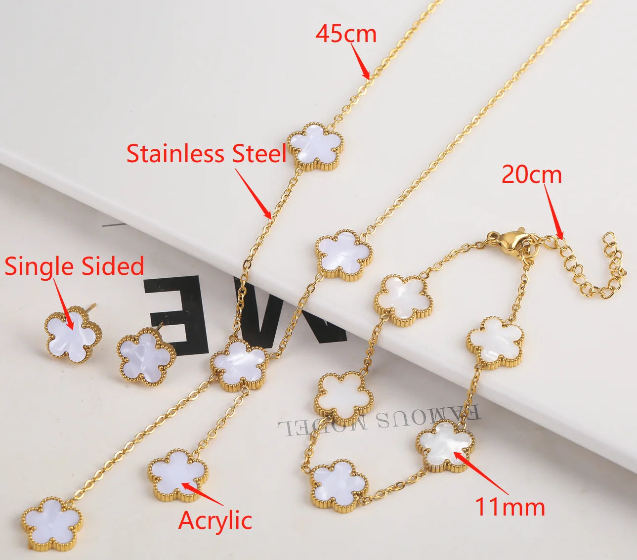Five Leaf Clover Adjustable Lucky Design Gold Plated Stainless Steel 316L Plant Flower Bracelet Earrings Necklace With Petals Women's Luxury Gifts
