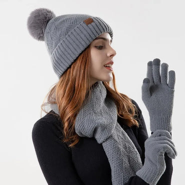 Hat Scarf Touchscreen Gloves Winter Set for Women Girls Warm Knit Fleece Lined Beanie Hat Fur Ball Cap