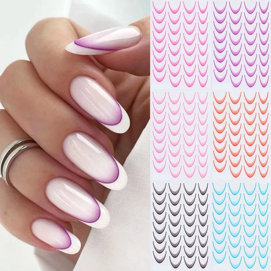 French Manicure Self-Adhesive Nail Stickers Gradient Stripe Lines Sliders Ombre Designs Nail Art Decals DIY Decoration 6 Cards
